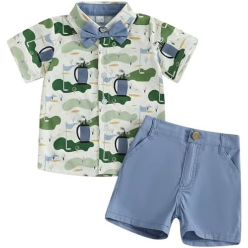 Toddler Baby Boy Golf Outfit Golf Court Print Button Down Short Sleeve Bowtie Shirt and Shorts Set Summer Clothes