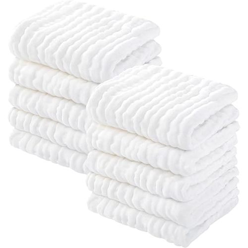 Yoofoss Muslin Baby Washcloths 100% Cotton Face Towels 10 Pack Wash Cloths for Baby 12x12in Soft and Absorbent Baby Wipes (White)