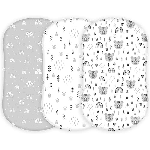 TansyPanda Bassinet Sheets for Halo Bassinest Swivel, Flex, Glide, Premiere and Luxe Series Sleeper, Pack of 3, 33 X 17 Inch, Ultra Soft and Snug Fit, Unisex Boys Girls, Gray White (Woodland Rainbow)