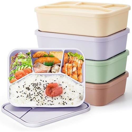 4 Pcs Silicone Bento Box Reusable Lunch Container Smooth Leak Proof Lunch Box Rectangle Bento Boxes for Adult Work Travel Food Meal Compartment Storage, 4 Colors (Light Color)