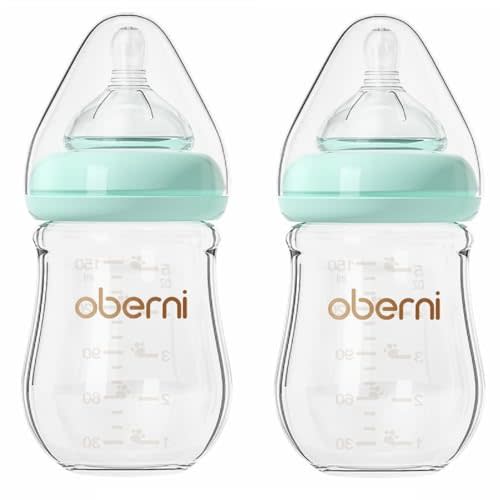 Oberni Glass Baby Bottles,Anti Colic Breastfeeding Bottle with Natural Response Nipple Size S,Wide Neck Slow Flow Baby Bottle for Baby,Newborn,Preemie 0-3 0-6 Month,BPA Free (Blue, 2 Pack, 5 Ounce)