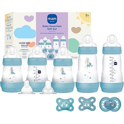 MAM Newborn Essentials Matte Feeding Set, Easy Start Anti-Colic Bottles 5oz, Self-Sterilizing, for 0-3 Months Pacifiers, Skinsoft Silicone Nipples, 10 Pieces for Boy