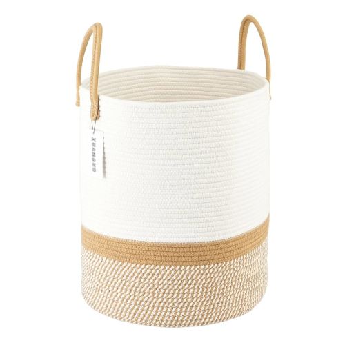 Cotton Rope Laundry Basket Hamper for Clothes Woven Storage Basket for Living Room Bedroom Boho Tall Rope Baskets for Blanket Toys Pillow Towels Baby Nursery Hamper Bin White and Brown