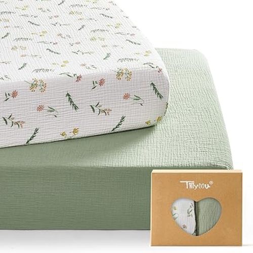 TILLYOU 2 Pack Muslin Crib Sheets for Boys and Girls, 100% Cotton Fitted Crib Sheet for Toddler 52"x28" Standard Crib Mattress, Daisy
