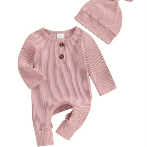 Baby Girls Boys Autumn Romper Long Sleeve Crew Neck Solid Color Ribbed Button Jumpsuit with Hat