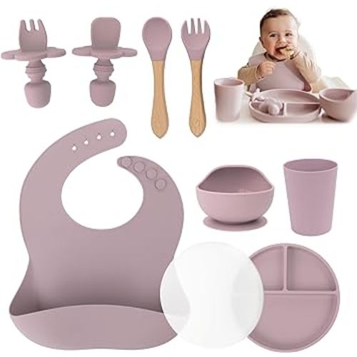 Extra Heavy Silicone Baby Feeding Set Essentials, Premium 9-Piece Set of Baby Led Weaning Supplies with Silicone Baby Plate with Lid, Superior Suction Bowl and Baby Utensils - Pink