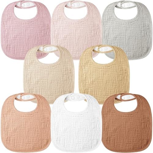 Bearmoss Muslin Baby Drooling Bibs 8 Pack, 100% Cotton Square Adjustable Bandana Bibs Gift for Baby Girls Boys Teething Drool