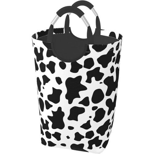 LIBIFALL Cute Cow Print Large Laundry Basket Animal Skin Laundry Hamper Bag Collapsible Laundry Baskets Clothes Hamper with Handles Black and White Storage Baskets For Dorm,Family,50L