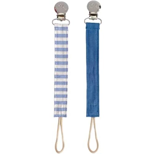 Itzy Ritzy Linen Pacifier Clips; Fabric Pacifier Strap with Clip Keeps Pacifiers & Teethers in Place; Includes Universal Attachment Clip and Loop; 2-Pack of Blue and Blue Stripe