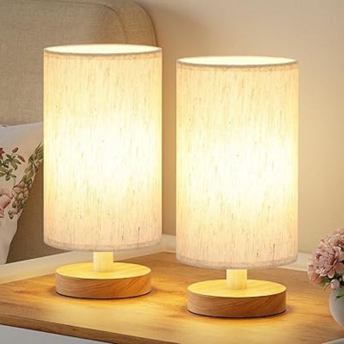 Small Lamps Set of 2 - Inline Control, Bedside Table Lamp for Bedroom with 3000K A15 LED Blub, Easy Assembly (Cream Shade - Wood Base Set of 2, 9" Inline Control)