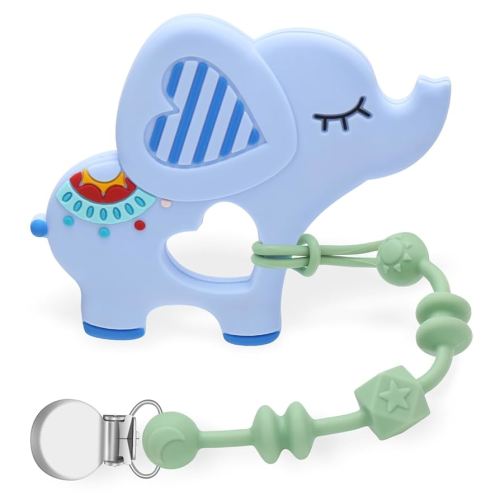 Baby Teething Toys for Babies 0-24 Months, Elephant Teether Pain Relief Toy with One Piece Design Pacifier Clip Holder Set, Freezer Safe Neutral Shower Gift for Boys and Girls (Blue)