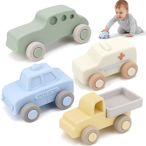Vanplay Silicone Baby Car Toys with Storage Box - Soft Teething Toys for Babies 6-12 Months, Push & Pull Baby Toys for Toddlers, Birthday Gifts for Boys Girls（4 PCS）
