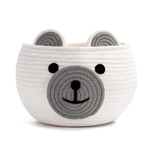 CherryNow Cotton Rope Baby Basket for Nursery, Bear Gift Baskets for Kids, Empty Baby Shower Basket with Handles, Small Cute Animal Baskets, White, 10.5"D x 8.5"H