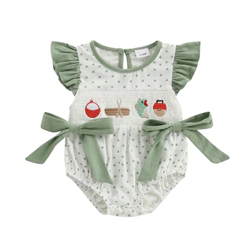 Newborn Baby Girl Fishing Outfit Fish Smocked Bubble Romper Dot Print Ruffle Bodysuit Infant Summer Clothes