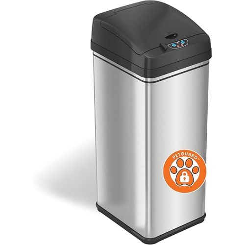 iTouchless 13 Gallon Dog Proof Trash Can with Odor Filter, Motion Sensor Stainless Steel Kitchen Trashcan Garbage Bin for Home Office Work Bedroom Living Room Garage Large Capacity Slim Wastebasket