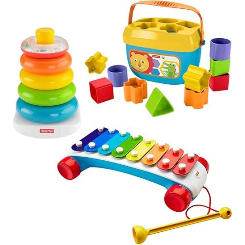 Fisher Price Classic Infant Trio Gift Set of Three Baby Toys for Stacking Sorting and Musical Play