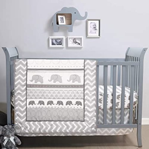 The Peanutshell 3 Piece Baby Crib Bedding Set for Boys & Girls - Newborn, Infant & Toddler Nursery Bed Set Decor with Fitted Crib Sheet, Dust Ruffle Comforter - Elephant Walk