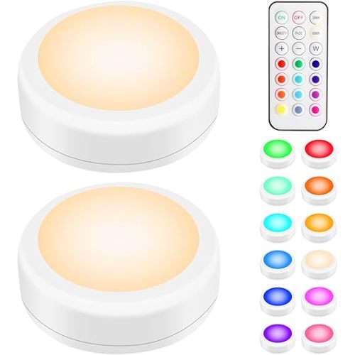BLS LED Puck Lights with Remote Control, RGB 13 Color Changing Under Cabinet Lighting Wireless, AA Battery Operated Night Light, Push Stick on Lights for Closet, Kitchen, Wall, Dimmer & Timer, 2 Pack