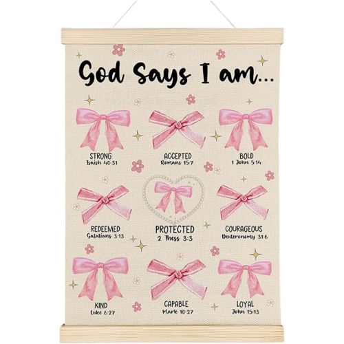 Nrleey Christian Coquette Poster Hanger Frame - Bow Room Decor, Christian Bible Verse Coquette Pink Bow Wall Art, God Says I Am Pink Christian Posters Wall Decor for Girls Room Dorm, 12x16 Inches