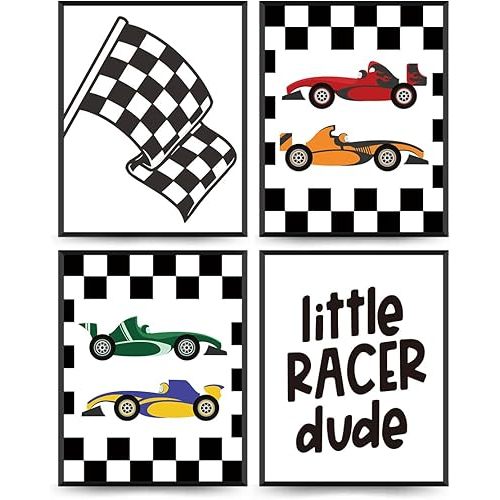 PLKMN Race Car Room Decor for Boys,Little Racer Dude 8x10 Art Print,Buffalo Plaid Decor,Inspirational Boys Room Quote Wall Art Poster for Boy Playroom Bedroom Decor Set of 4 Unframed