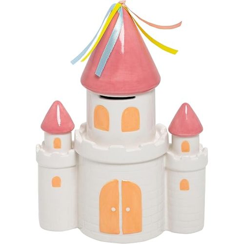 Kate & Milo Ceramic Princess Fairytale Castle Bank, Newborn Keepsake Gift, Money Piggy Bank for Kids, Baby Girl Nursery Décor, Pink with Ribbons