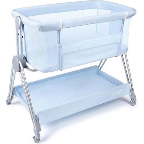 Baby Bedside Sleeper - Bassinet & Bedside Crib with Height Adjustment & Wheels - Can Be Placed Next to Bed - Attaches to Parents Bed - Easy to Fold & Carry Bassinet for Boys (Blue)
