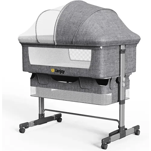 Uenjoy Baby Bassinet, Bedside Sleeper,Foldable Baby Bed to Bed, Adjustable Portable Bed for Infant/Baby/Newborn,with Mosquito Nets, Large Storage Bag, Comfortable Mattresses, Lockable Wheels,Gray