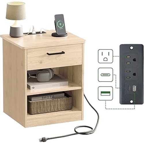 Everyday Side Table with Fast Charging Station - USB C Cable Fast Charging, Wooden Natual Nightstand Bedside Table with Drawer, End Table with Optional Adjustable Shelf for Bedroom Set of 1