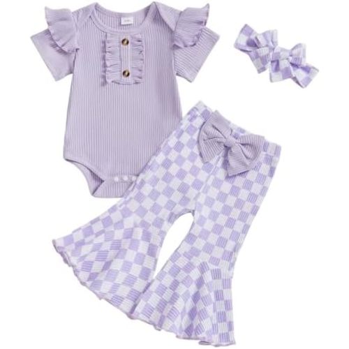 MERSARIPHY Baby Girl Bell Bottom Outfit Cute Infant Newborn Girl Summer Clothes Ribbed Knit Ruffle Romper Tops Flare Pant Set