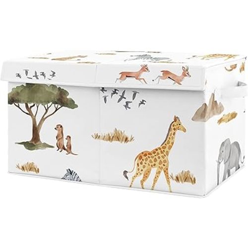 Sweet Jojo Designs Jungle Animals Small Fabric Toy Bin Storage Box Chest Baby Nursery Kids Room Dark Hunter Green Yellow Grey Black White Wildlife Safari Elephant Giraffe Lion Monkey Leopard Cheetah