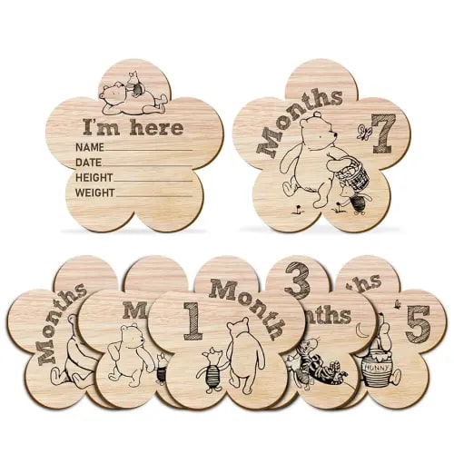 7Pcs Baby Monthly Milestone Sign, Winnie Double-Sided Printing Months Baby Milestone Wooden Keepsake, Baby Stuff for Baby Shower, Flower Shape Milestone Wooden Stuff for Documenting Growth