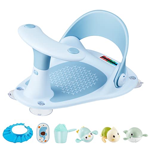 Baby Bath Seat [Original] – 3 Bath Toys + Shower Cap + Bath Brush + Thermometer + Rinse Cup – 4 Anti-Slip Suction Cups – Soft Silicone Cushion – Foldable Design – Ideal Gift for Infants 6-36 Months!