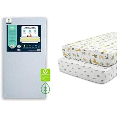 Delta Children Serta Perfect Start Fiber Core Crib and Toddler Mattress Fitted Crib Sheets for Girls and Boys (Pack of 2), Safari Friends (Bundle)