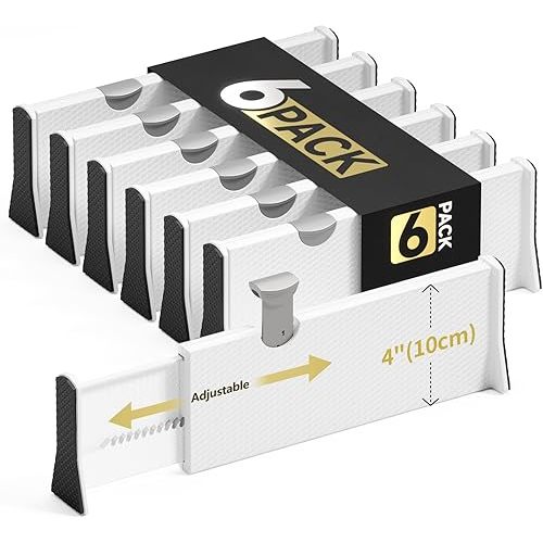 Drawer Dividers Organizer 6 Pack, Adjustable Separators 4" High Expandable from 11-17" for Bedroom, Bathroom, Closet, Clothing, Office, Kitchen (White, 6 PACK)