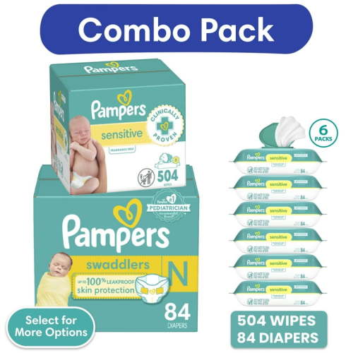 Pampers Swaddlers Diapers, Newborn, 84 Count and Pampers Sensitive Baby Wipes 6-Pack 504 Wipes (Select for More Options)