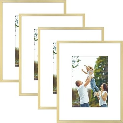 Golden State Art - 8x10 Metal Picture Frames with Mat for 5x7 Photo - Set of 4-8 x 10 Aluminum Photo Frame with Real Glass - Wall Decor or Tabletop Display - Modern Gold