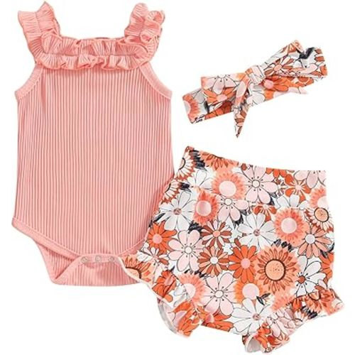 3pcs Toddler Girls Summer Outfits Ribbed Halter Crop Top Romper Bodysuit +Floral Bloomer Shorts+Headband Clothes Set