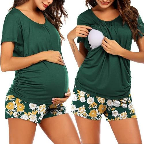 Ekouaer Women's Maternity Nursing Pajamas Set Breastfeeding Sleepwear Double Layer Short Sleeve Top & Shorts Pregnancy PJS