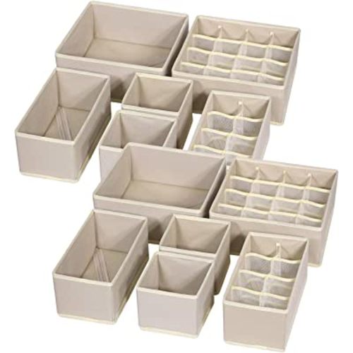 12 Pack Foldable Drawer Organizer Dividers Cloth Storage Box Closet Dresser Organizer Cube Fabric Containers Basket Bins for Underwear Bras Socks Panties Lingeries Nursery Baby Clothes Beige