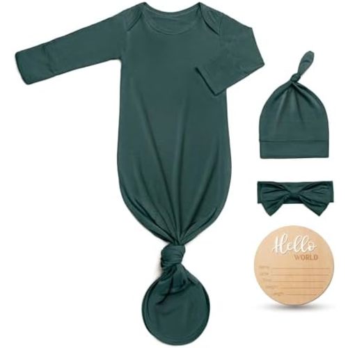 Hello World Newborn Knotted Gown 0-3 Months, Coming Home Outfit Baby Bamboo Viscose Sleeper with Hat,Headband,Wooden Sign