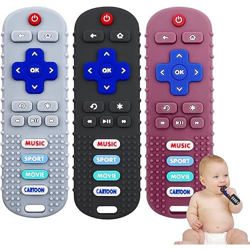 3 Pack Baby Teether Toys - TV Remote Control Shape Silicone Toddler Teething Toys for Babies 6-12 Months (Black&Deep Red&Beige)