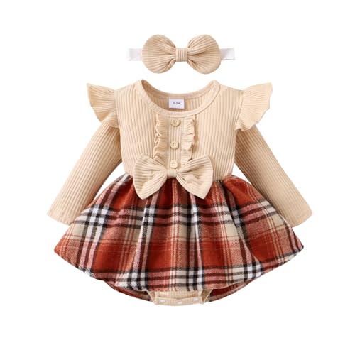 Newborn Baby Girl Fall Winter Outfit Set Plaid Romper Dress Ruffles Long Sleeve Clothes Jumpsuit with Bow Headband
