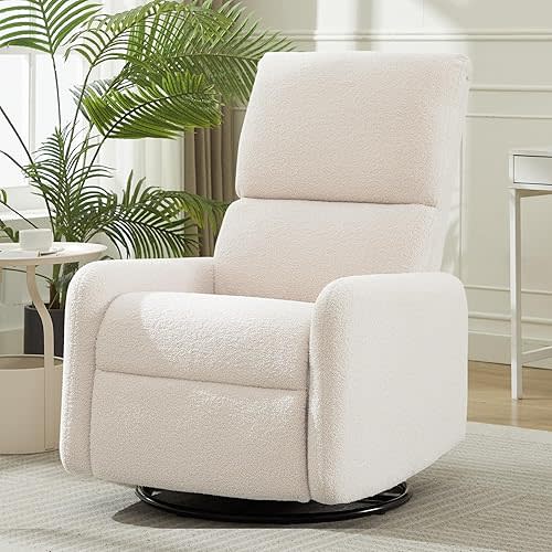 360° Swivel Glider Chair, Rocking Chair Nursery with Side Pockets, Deep Cushioned Seat, Nursery Chair with Steel Structure Base, Sherpa Swivel Chairs for Living Room, Bedroom, Baby Room