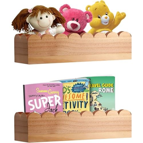 Scalloped Shelves - Set of 2 Pre-assembled Floating Nursery Book Shelves, Natural Wood Scalloped Floating Book Shelves for Wall Nursery - Cloud shelves for nursery - Scalloped book shelf for nursery
