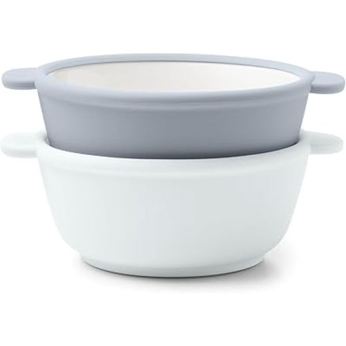 Ello Clean Start Toddler Bowls 2 Pack | Ceramic Kids/Baby Bowls with Silicone Sleeves | BPA-Free, Plastic-Free | Microwave & Dishwasher Safe | High Chair Friendly, Stackable | Quiet Tide/Tech Blue