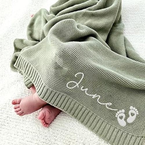 Luxury Personalized Name Baby Blanket, Embroidered Name Baby Blanket, Soft Breathable Cotton Knit Baby Blanket, Newborn Baby Gift, New Mom Gifts, Newborn Baby Girl & Boy Gift