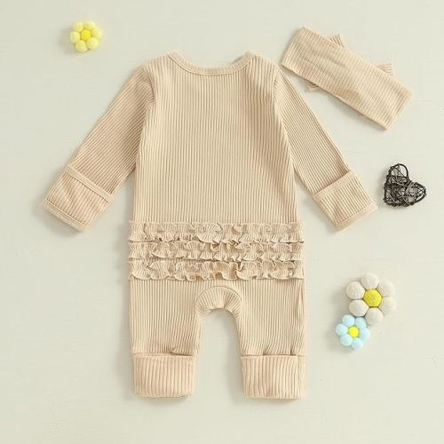FIOMVA Im New Here Newborn Outfit Girl Long Sleeve Letter Romper Ribbed Knit Jumpsuit Baby Girl Preemie Coming Home Outfit