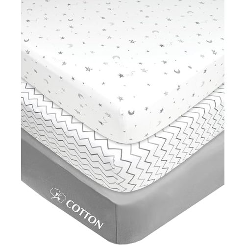 American Baby Company 3 Pack Fitted Mini Crib Sheet 24" x 38", Soft Breathable Neutral 100% Cotton Jersey Portable Sheet, Gray Star/Zigzag, for Boys and Girls, Fits Most Pack N Play Mattresses