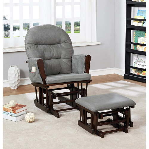 Nursery Glider & Ottoman Sets, Reclining Swivel Glider Rocker with Ottoman, Nursery Rocking Chair for Baby Room, Upholstered Nursery Recliner Glider with Ottoman, Padded Arms -Dark Gray, Espresso
