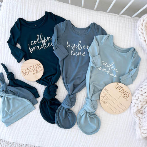 Personalized Bamboo Newborn Baby Knot Gown | River Blues - Script